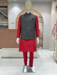 DESIGNER SILK JACQUARD MEN'S KURTA PAYJAMA WITH KOTI RED