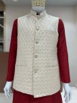 9DESIGNER SILK JACQUARD SEQUENCE WORK MEN’S KURTA PAYJAMA WITH KOTI FESTIVE WEAR WHOLESALE PRICE ETHNIC GARMENT (25)
