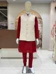 9DESIGNER SILK JACQUARD SEQUENCE WORK MEN’S KURTA PAYJAMA WITH KOTI FESTIVE WEAR WHOLESALE PRICE ETHNIC GARMENT (25)