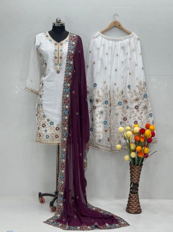 ATTRACTIVE GEORGETTE EMBROIDERY SEQUENCE TOP PALAZZO WITH DUPATTA WINE