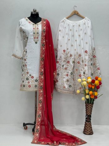 ATTRACTIVE GEORGETTE EMBROIDERY SEQUENCE TOP PALAZZO WITH DUPATTA RED