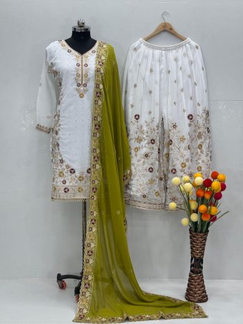 ATTRACTIVE GEORGETTE EMBROIDERY SEQUENCE TOP PALAZZO WITH DUPATTA MEHNDI