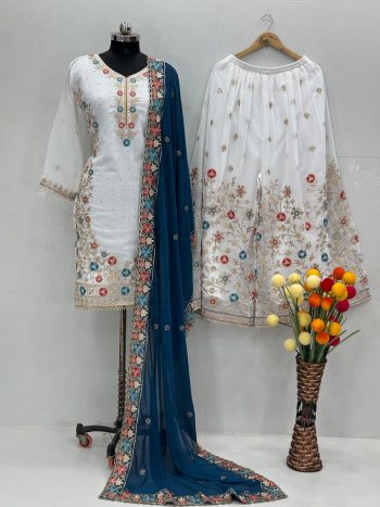 ATTRACTIVE GEORGETTE EMBROIDERY SEQUENCE TOP PALAZZO WITH DUPATTA TEAL