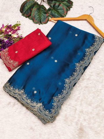 ATTRACTIVE BLACK RANGOLI CHIFFON EMBROIDERY WORK SAREE WITH UNSTITCHED BLOUSE  TEAL
