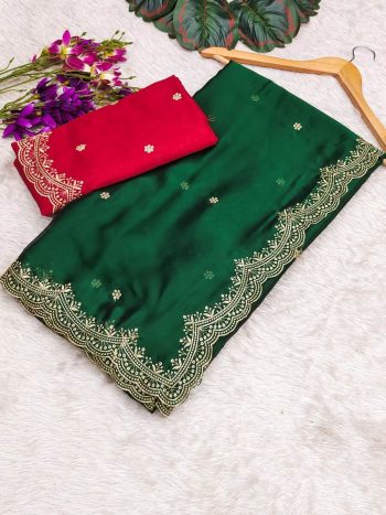 ATTRACTIVE BLACK RANGOLI CHIFFON EMBROIDERY WORK SAREE WITH UNSTITCHED BLOUSE GREEN