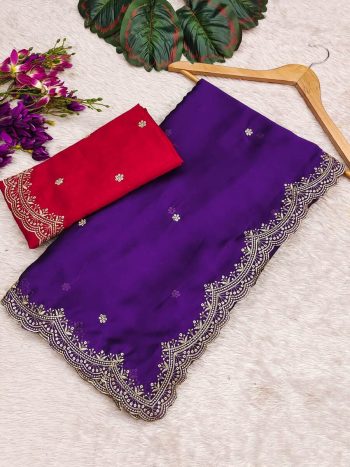 ATTRACTIVE BLACK RANGOLI CHIFFON EMBROIDERY WORK SAREE WITH UNSTITCHED BLOUSE PURPLE