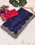 ATTRACTIVE BLACK RANGOLI CHIFFON EMBROIDERY WORK SAREE WITH UNSTITCHED BLOUSE NAVY BLUE