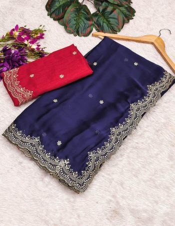 ATTRACTIVE BLACK RANGOLI CHIFFON EMBROIDERY WORK SAREE WITH UNSTITCHED BLOUSE NAVY BLUE