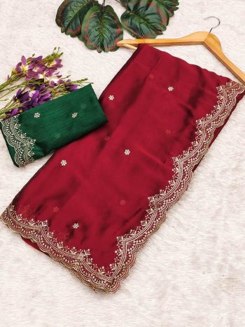 ATTRACTIVE BLACK RANGOLI CHIFFON EMBROIDERY WORK SAREE WITH UNSTITCHED BLOUSE RED