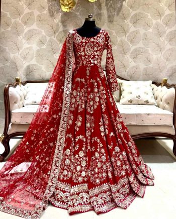 ATTRACTIVE CHINON EMBROIDERY SEQUENCE WORK GOWN BOTTOM WITH DUPATTA RED