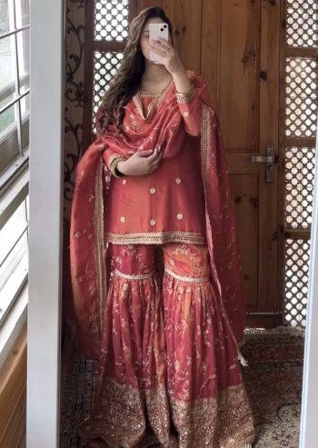 ATTRACTIVE CHINON SILK EMBROIDERY SEQUENCE WORK TOP SHARARA WITH DUPATTA PEACH