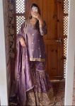 ATTRACTIVE CHINON SILK EMBROIDERY SEQUENCE WORK TOP SHARARA WITH DUPATTA LAVENDER