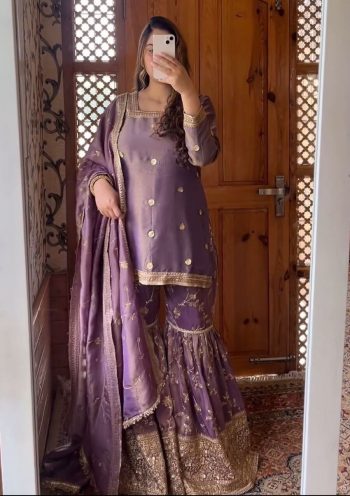 ATTRACTIVE CHINON SILK EMBROIDERY SEQUENCE WORK TOP SHARARA WITH DUPATTA LAVENDER