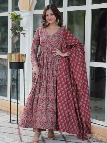 ATTRACTIVE COTTON PRINTED FLAIRED GOWN BOTTOM WITH DUPATTA MAROON