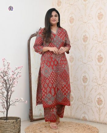 ATTRACTIVE COTTON PRINTED MIRROR WORK TOP PENT SET RED
