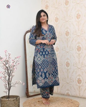 ATTRACTIVE COTTON PRINTED MIRROR WORK TOP PENT SET BLUE