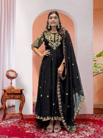 ATTRACTIVE GEORGETTE EMBROIDERY SEQUENCE WORK  GOWN BOTTOM WITH DUPATTA BLACK