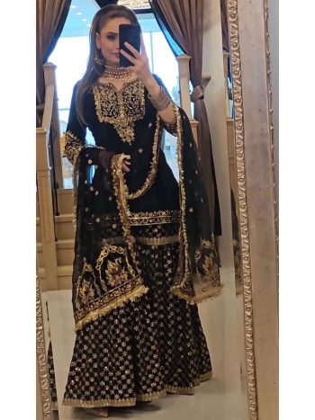ATTRACTIVE GEORGETTE EMBROIDERY SEQUENCE WORK TOP SHARARA WITH DUPATTA BLACK