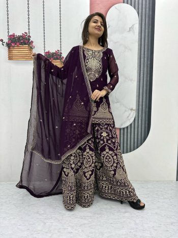 ATTRACTIVE GEORGETTE EMBROIDERY THREAD SEQUENCE WORK TOP PALAZZO WITH DUPATTA PURPLE