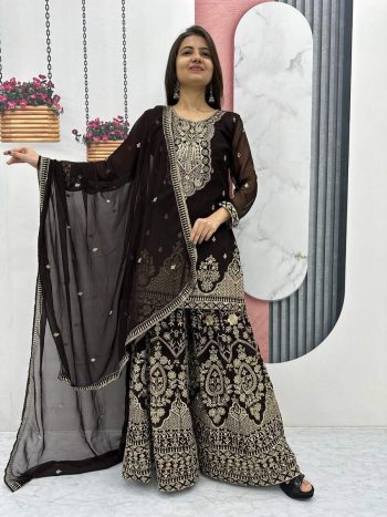 ATTRACTIVE GEORGETTE EMBROIDERY THREAD SEQUENCE WORK TOP PALAZZO WITH DUPATTA COFFEE