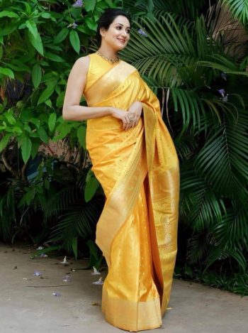 ATTRACTIVE LICHI SILK WEAVING WORK SAREE WITH UNSTITCHED BLOUSE YELLOW