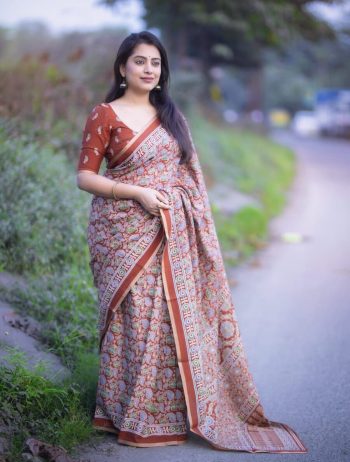 ATTRACTIVE SOFT COTTON PRINTED ZARI WEAVING WORK SAREE WITH UNSTITCHED BLOUSE BROWN