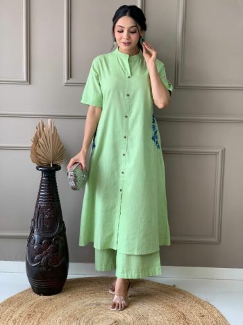 ATTRACTIVE SOUTH COTTON HAND EMBROIDERY ON BOTH SIDE WITH POCKET KURTI WITH PALAZZO PERROT GREEN