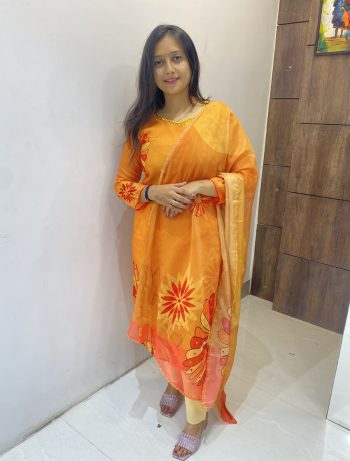 ATTRACTIVE TABBY SILK PRINTED EMBROIDERY SEQUENCE WORK NECK TOP BOTTOM WITH DUPATTA ORANGE