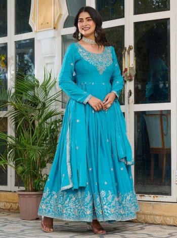 DESIGNER AMERICAN SILK THREAD WITH SEQUENCE WORK GOWN BOTTOM WITH DUPATTA SKY