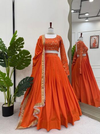 DESIGNER AMERICAN SILK THREAD WITH SEQUENCE WORK LEHENGA CHOLI WITH DUPATTA ORANGE