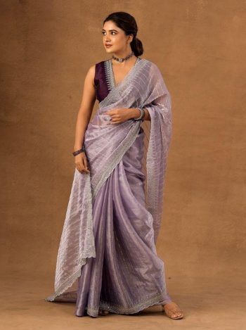 DESIGNER BURBERRY SEQUENCE AND ZARI EMBROIDERY WORK SAREE WITH UNSTITCHED BLOUSE LAVENDER