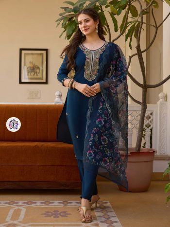 DESIGNER CHANDERI SILK BEADS HANDWORK TOP BOTTOM WITH PRINTED DUPATTA BLUE