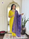 DESIGNER CHANDERI SILK EMBROIDERY WORK TOP BOTTOM WITH DUPATTA LEMON