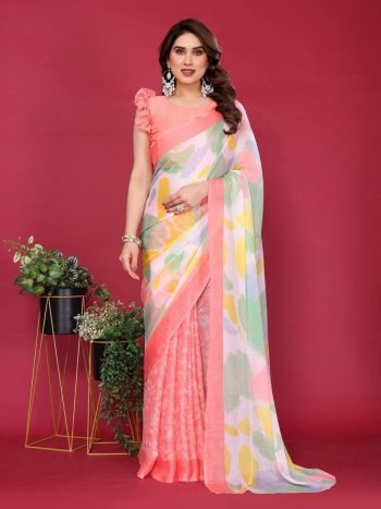 DESIGNER CHIFFON SILK PRINT WORK SAREE WITH UNSTITCHED BLOUSE PEACH