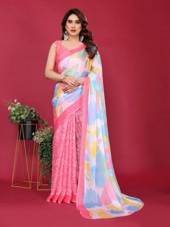 DESIGNER CHIFFON SILK PRINT WORK SAREE WITH UNSTITCHED BLOUSE PINK