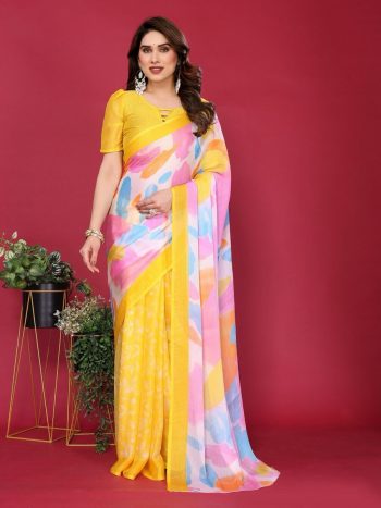 DESIGNER CHIFFON SILK PRINT WORK SAREE WITH UNSTITCHED BLOUSE YELLOW