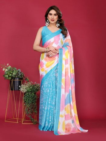 DESIGNER CHIFFON SILK PRINT WORK SAREE WITH UNSTITCHED BLOUSE SKY
