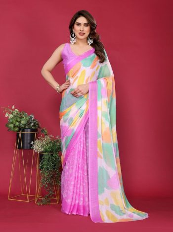 DESIGNER CHIFFON SILK PRINT WORK SAREE WITH UNSTITCHED BLOUSE GAJRI