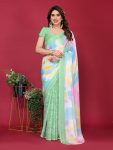 DESIGNER CHIFFON SILK PRINT WORK SAREE WITH UNSTITCHED BLOUSE MINT