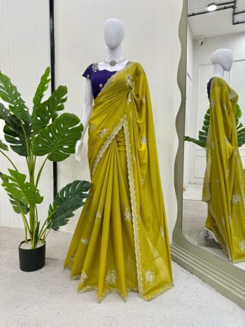 DESIGNER CHIFFON THREAD EMBROIDERY WORK SAREE WITH UNSTITCHED BLOUSE LEMON