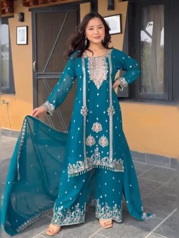 DESIGNER CHINON EMBROIDERY MOTI LACE WORK TOP PALAZZO WITH DUPATTA TEAL