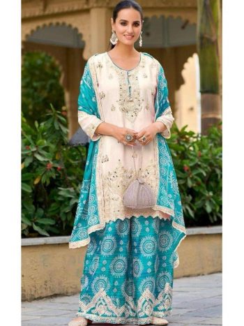 DESIGNER CHINON EMBROIDERY SEQUENCE CODING MIRROR HAND WORK TOP PALAZZO WITH DUPATTA