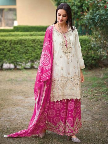DESIGNER CHINON EMBROIDERY SEQUENCE CODING MIRROR HAND WORK TOP PALAZZO WITH DUPATTA