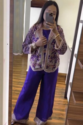 DESIGNER CHINON EMBROIDERY SEQUENCE WORK BLOUSE PALAZZO WITH KOTI  PURPLE