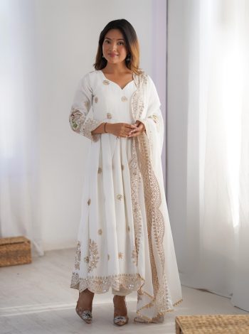 DESIGNER CHINON EMBROIDERY SEQUENCE WORK GOWN BOTTOM WITH DUPATTA WHITE