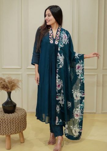 DESIGNER CHINON EMBROIDERY SEQUENCE WORK TOP BOTTOM WITH DUPATTA BLUE