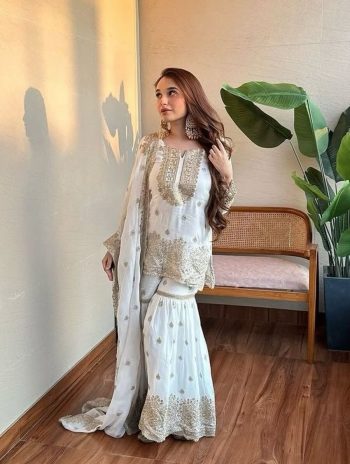 DESIGNER CHINON EMBROIDERY SEQUENCE WORK TOP SHARARA WITH DUPATTA WHITE
