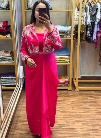 DESIGNER CHINON EMBROIDERY WORK DRAPE SKIRT BLOUSE AND KOTI RANI