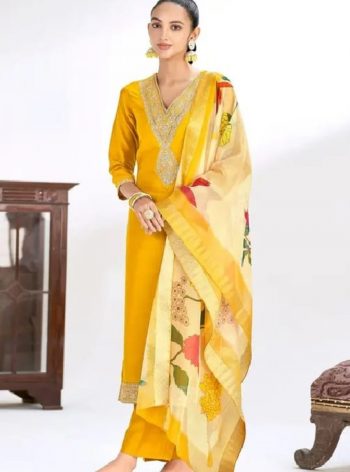 DESIGNER CHINON EMBROIDERY WORK TOP BOTTOM WITH DUPATTA  YELLOW