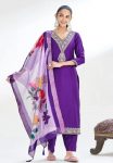 DESIGNER CHINON EMBROIDERY WORK TOP BOTTOM WITH DUPATTA  PURPLE